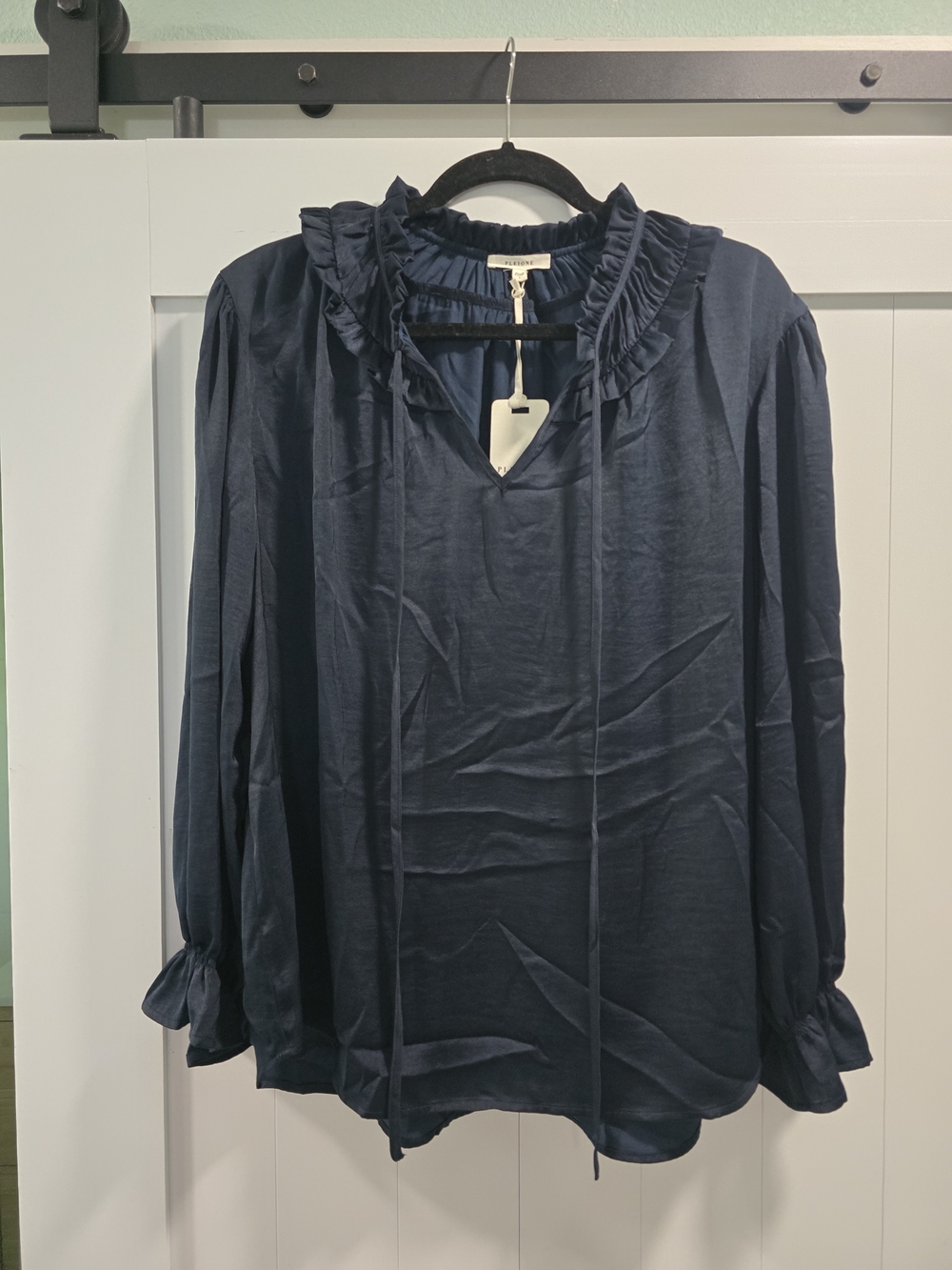 Pleione Navy Ruffle Tie-Neck Blouse